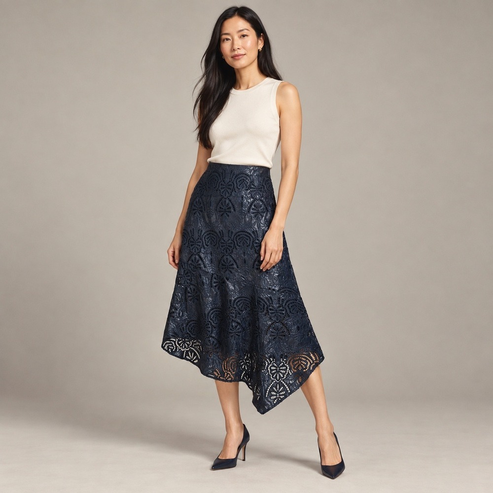 Marie Oliver Navy Faux Leather Eyelet Lace Asymmetrical Midi Skirt 10 Romantic